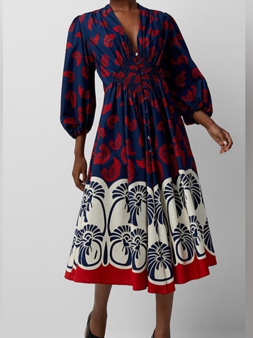 LA DoubleJ Navy, Red & Cream Palmetto Print Midi Dress